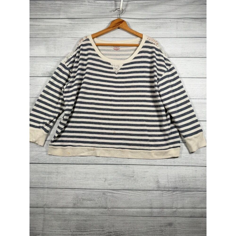 North Crest Women’s 2X Striped Lace Shoulder 3/4 Sleeve Sweatshirt Top 4259